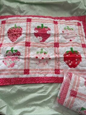 Two Handmade Strawberry Patchwork Baby Quilt - Pink & Red
